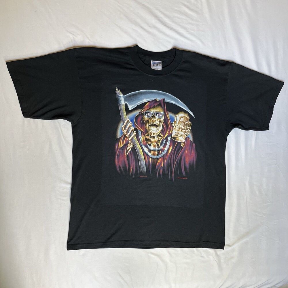 VTG Skeleton Grim Reaper Shirt Mens XL Y2K Black Bling Skull Gildan Ultra